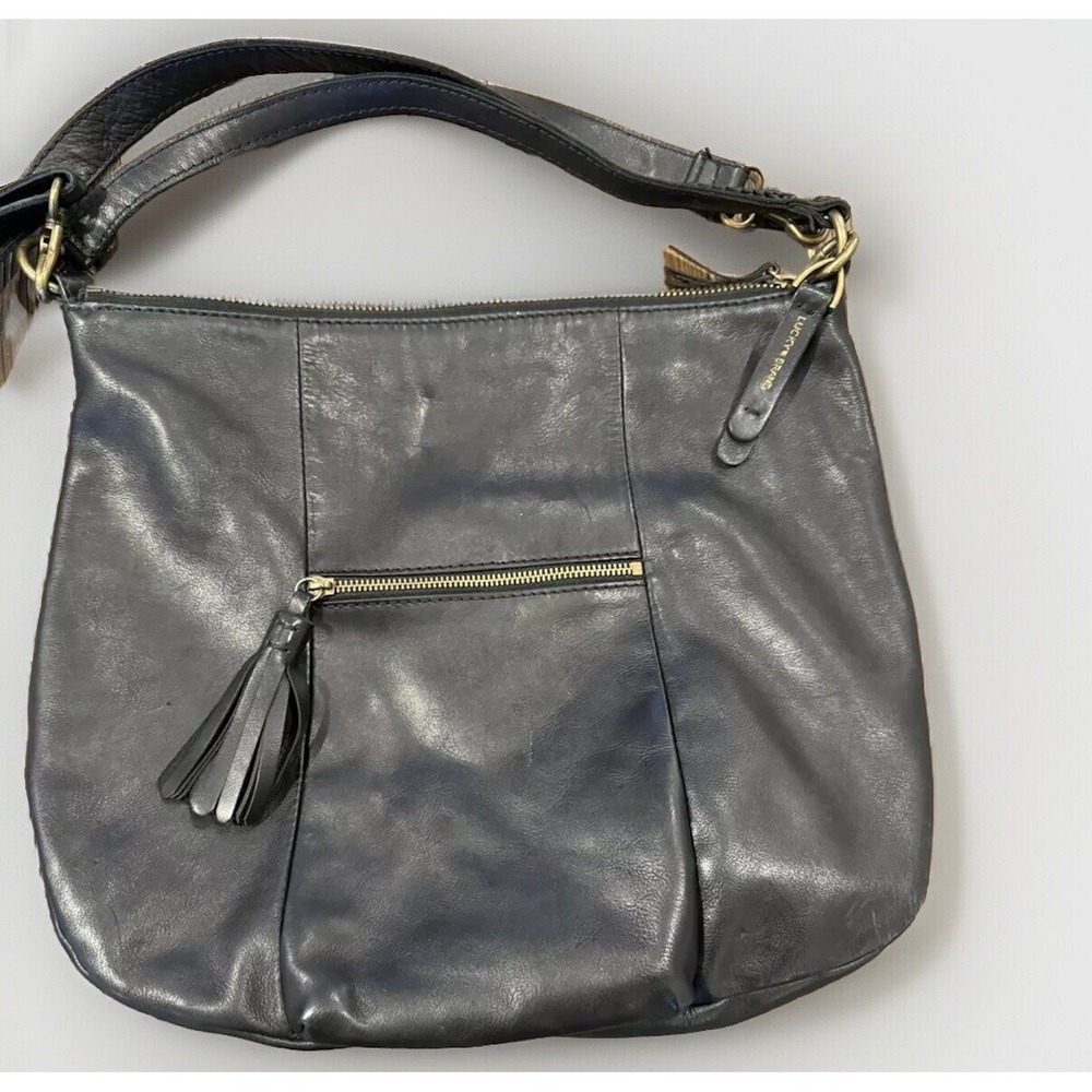 Lucky Brand Large Leather Hobo Bag Black Adjustable Dual Strap/Handle